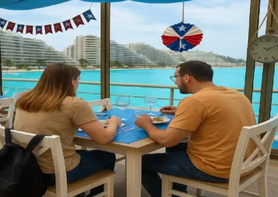Pareja disfrutando almuerzo de mariscos y vino blanco con vista a la piscina gigante de San Alfonso del Mar