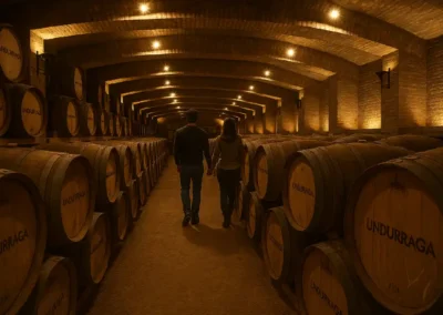 Pareja recorriendo la sala de barricas subterránea en Viña Undurraga durante el Tour Isla Negra