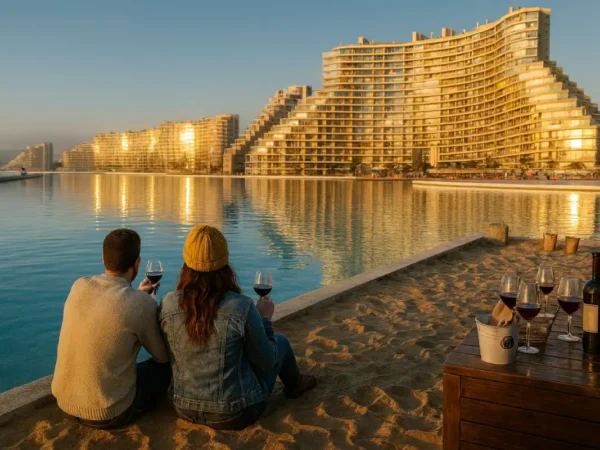 areja brindando con vino tinto frente a la piscina gigante de San Alfonso del Mar en Tour Isla Negra y Undurraga