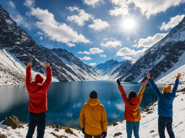 Tour Portillo y Laguna del Inca con personas saltando de alegría frente a la laguna esmeralda y montañas nevadas