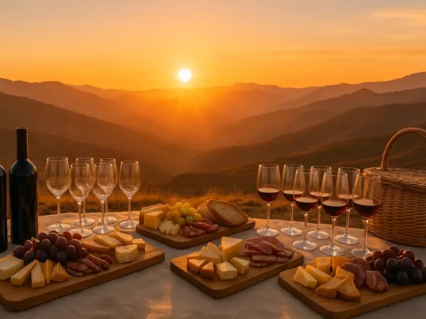 Picnic con vino y quesos al atardecer en el Valle Nevado Sunset, con la Cordillera de los Andes de fondo.