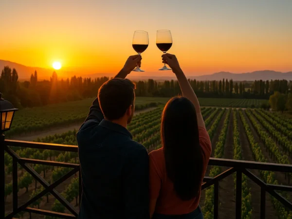 Tour Viña Alyan Sunset en el Valle del Maipo al atardecer con copa de vino