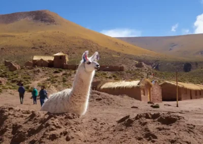turistas caminando por el pueblo de machuca en tour geyser del tatio san pedro de atacama