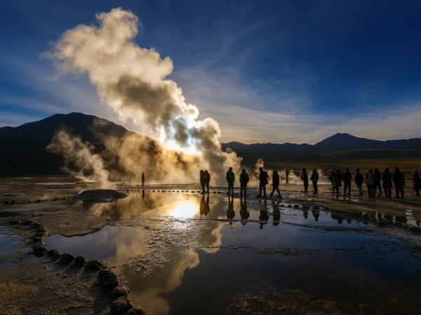 tour geyser del tatio san pedro de atacama al amanecer con Grupo, guía y géiseres activos en el altiplano