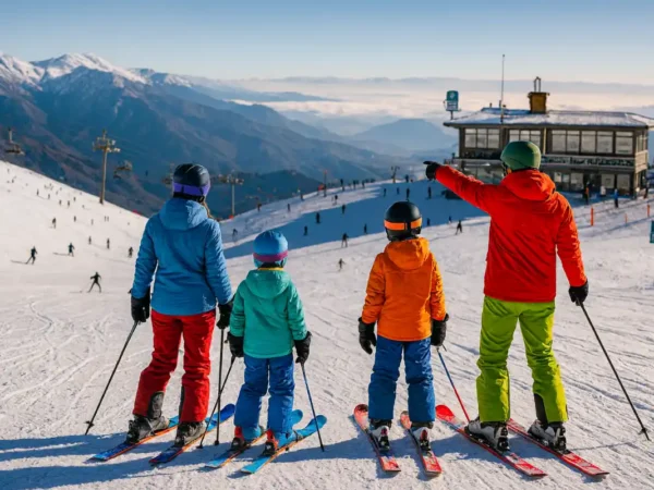 Familia de espaldas esquiando en el Tour La Parva y El Colorado con vista a la Cordillera de los Andes.