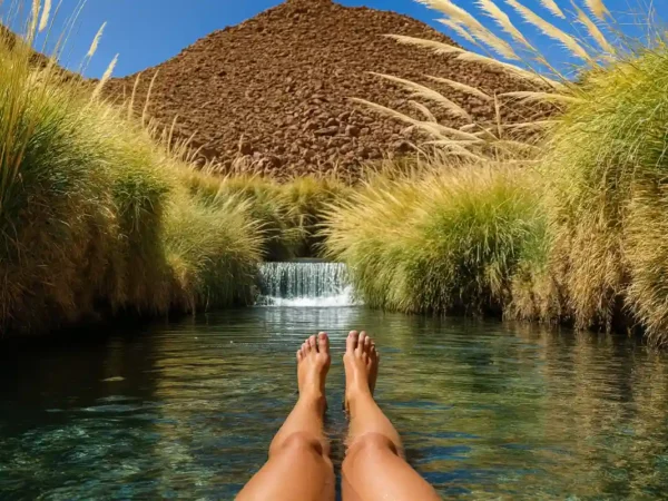 Tour Termas de Puritama con viajeros relajándose en las piscinas termales rodeadas de cañón andino.
