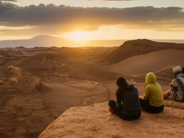 tour valle de la luna san pedro de atacama con personas disfrutando el atardecer en el mirado