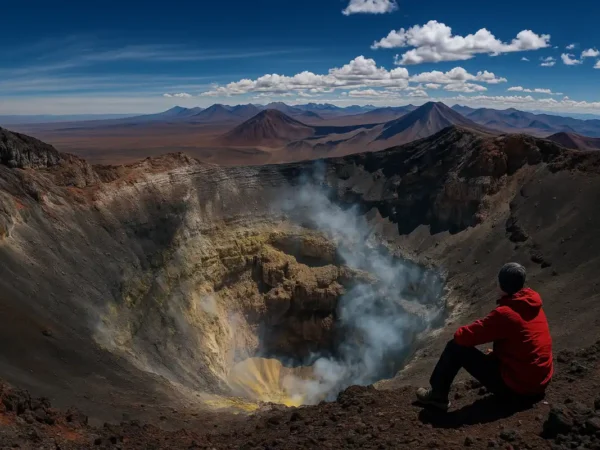 Persona en el borde del cráter del Volcán Láscar durante el tour volcan lascar desde San Pedro de Atacama